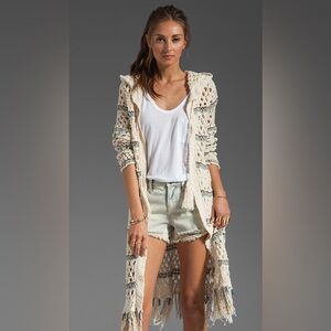 Free People Sunblock Cardi‎ Ivory Hooded Open Knit Crochet Fringe Long Cardigan